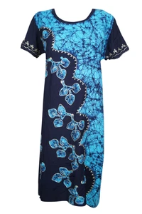 BOHO CHIC BLUE Tie Dye Sundress Round Neck Cap Sleeves Beach Long Sundress L