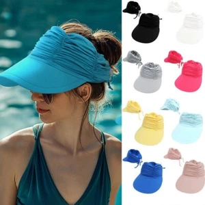 Women's Visor Hat Pleated Beach Pony Tail Wide Brim Summer Sun Hat Sport Caps - Picture 1 of 24