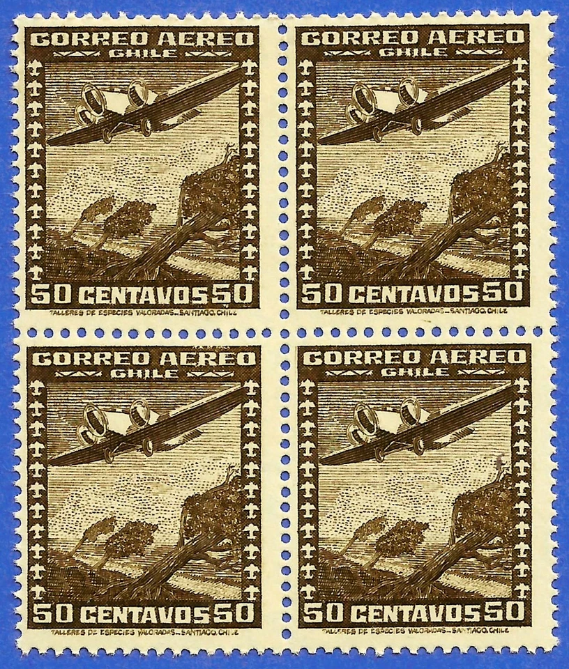 CHILE, CORREO AÉREO 50 CÉNTIMOS CON MARCA DE AGUA, BLOQUE DE 4, MNH, AÑO 1934 Foto 1 de 1
