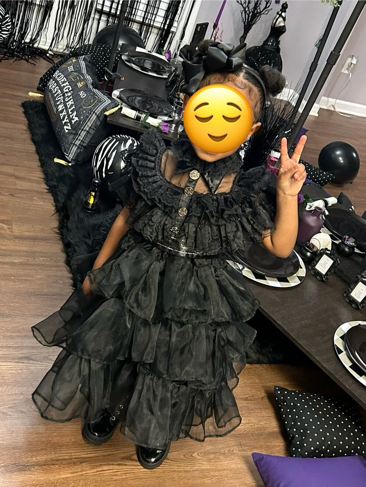 Wednesday: Handcrafted Dress & Socks Set for Toddler Fashionistas" Size 4/6 Yrs - Image 1 of 4