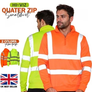 Hi Viz Quarter Zip Sweatshirt High Visibility Reflective Work Top Fleece Jumper - Picture 1 of 11