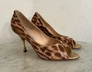 MANOLO BLAHNIK Pony Hair Animal Print, Brown Heels Wm Sz 39 1/2 M. Italy. - Picture 1 of 24