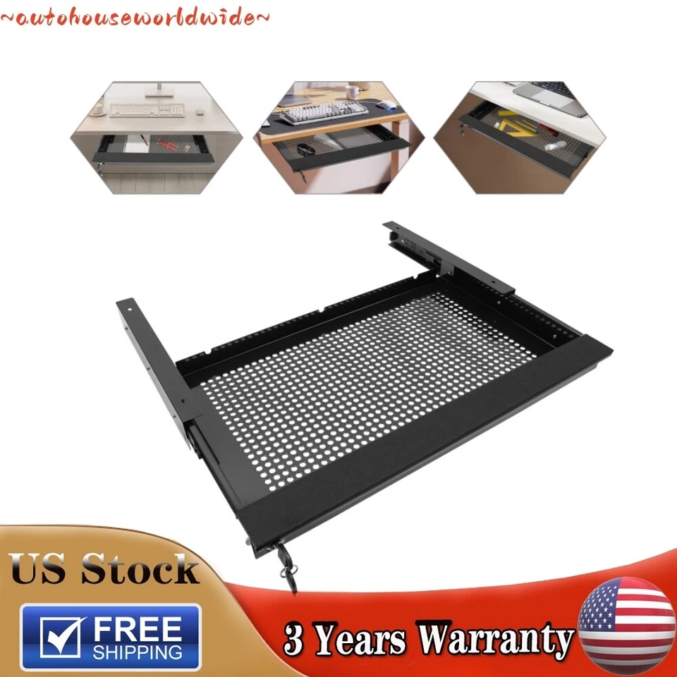 Under Desk Mounted Sliding Pull-out Drawer Drawer Storage Organizer Drawer W/Key - Image 1 of 4