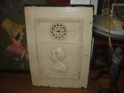 Antique Victorian Cast Iron Fireplace Cover Child Fleur De Lis Beige Shabby Cover