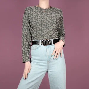 VINTAGE 90s Grey Leopard Grunge Retro Pattern Print Blouse Top S Small 10 12 - Picture 1 of 11