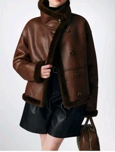 Braune Bomber Lederjacke Damen | Lammfell Shearling Fell Lederjacke - Bild 1 von 4