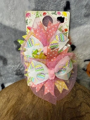 Girls Easter Hair Bows – Set of 2 Large Pink Tulle Bows w/ Egg Print - Image 1 of 3