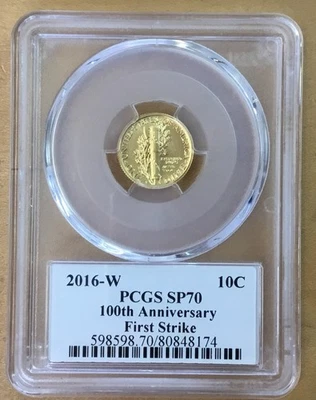 2016-W 10c Gold Mercury Dime 100th Anniv 1st Strike pcgs SP70 (W21) - Image 1 of 2