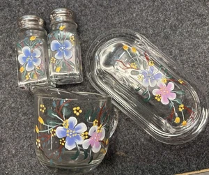 Vintage Hand Painted Glass Kitchen Set Salt Pepper Shakers Mug Butter Dish - Picture 1 of 4