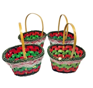 4er Set kleine ovale Weidenkörbe rot/grün mit weißer Spitzenborte NEU - Bild 1 von 12
