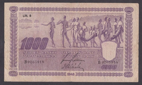 [F-VF] 1945 Finland 1000 Markkaa P-90 Litt-B B9065918 Small Tear on Right [L] Cover