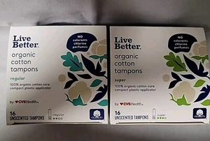 2 Live Better Bio-Baumwolle Tampons CVS Regular & Super 16 in jeder Box 32 insgesamt - Bild 1 von 7