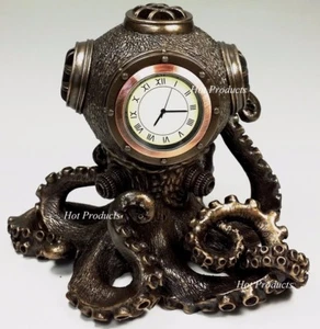 Nautical Steampunk Octopus Desk Mantle Clock Diving Helmet Statue Bronze Color - Picture 1 of 4