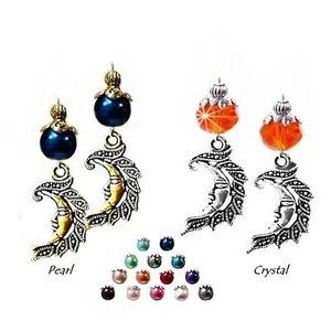 Earrings sun or moon charm drop with pearl or crystal, choose color and fittings - Picture 1 of 19