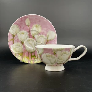Stechcol Gracie Bone China Tea Cup and Saucer Set White Roses Pink NEW - Picture 1 of 10