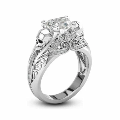 2.25 Ct Heart Diamond Halloween Skull Gothic Wedding Ring 14K White Gold Finish - Image 1 of 4