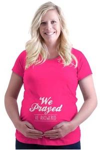 We Prayed He Answered Christian Pregnancy Womens Maternity Pregnancy T Shirts - Picture 1 of 9