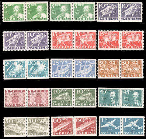 Sweden #248-262 MNH Pairs CV$640.00 1936 POSTAL SERVICE ANNIVERSARY Cover