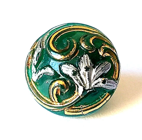 Domed Green Victorian Glass Floral with Silver & Gold Trim-Antique Button-1/2" Cover