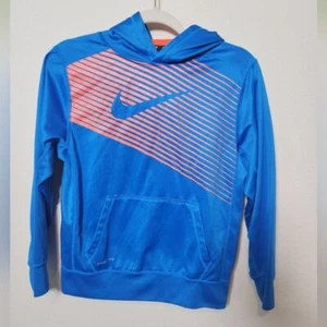 Nike Therma Fit Blue Orange Pullover Hoodie Big Kid's Unisex Large Swoosh Pocket - Picture 1 of 6