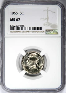 1965 JEFFERSON NICKEL ~ BRIGHT SUPER GEM NGC MS67! INV#028 - Picture 1 of 4