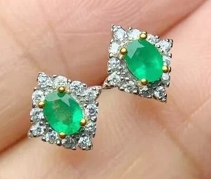 0.48ct Diamante Redondo Natural 14k Oro Blanco Esmeralda Aniversario Dormilonas - Imagen 1 de 5