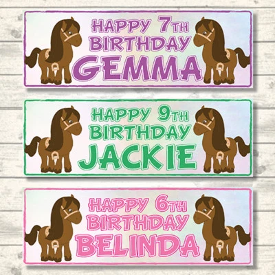 5 STAR BANNERS 2 PERSONALISED HORSE BIRTHDAY BANNERS - ANY NAME OR AGE - 3 COLOURS