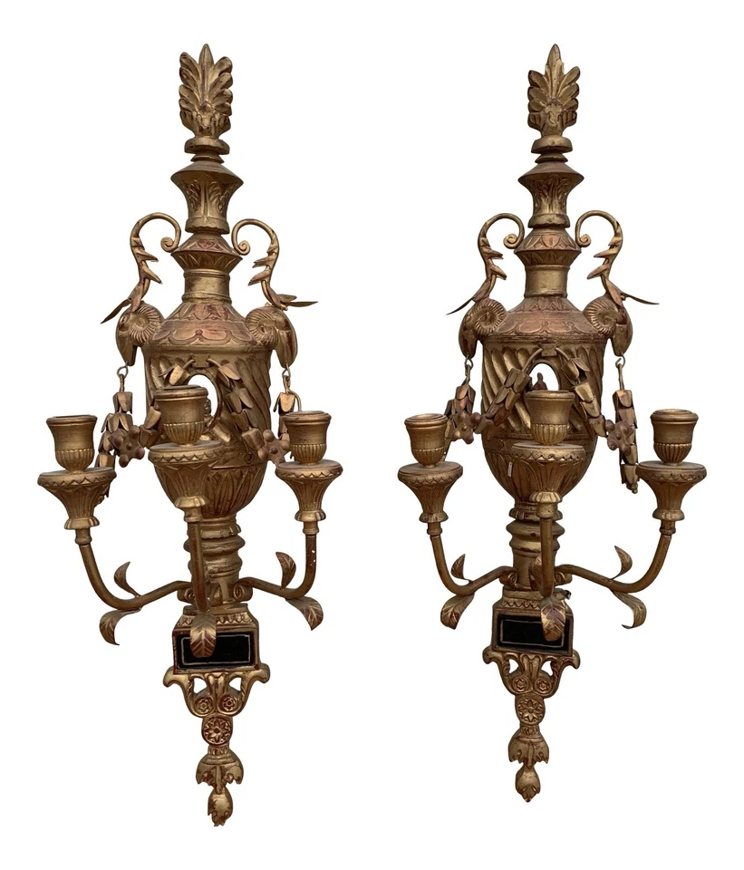 Pair Antique Neoclassical Style Saltram Gilded Candle Wall Sconces - Image 1 of 4