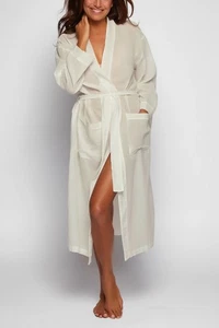 Neu mit Etikett Pour Les Femmes indischer Baumwollgaze Morgenmantel in Naturcreme Slow Fashion 198 $ - Bild 1 von 6