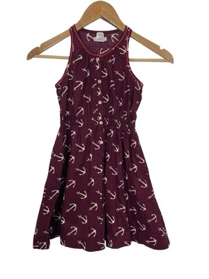 Crewcuts Girls Sleeveless Dress Anchor Print Button Front Cotton Burgundy Size 8 - Image 1 of 4