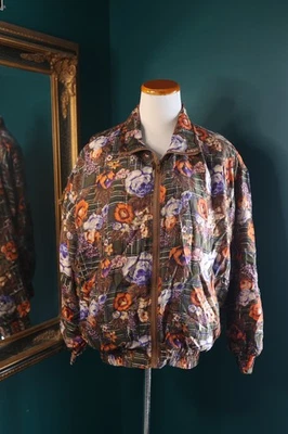 Винтажный ретро Богари шелк Bomber куртка M коричневый цветочный клетку Cottagecore - Изображение 1 из 4