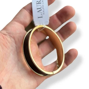 Ralph Lauren Round Black Enamel Hinged Bangle Bracelet in Gold Tone Metal - Picture 1 of 6