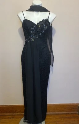 De Colección Vestido Loralie Años 80 Baile de graduación Vestido Cuentas Lentejuelas Sin Mangas Bufanda Gótico Negro 6 S Foto 1 de 4