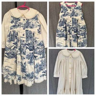 Vintage Girls Cotton 2 Piece Dress Pinafore Toile Spring Exceptional Handmade 6 - Image 1 of 4