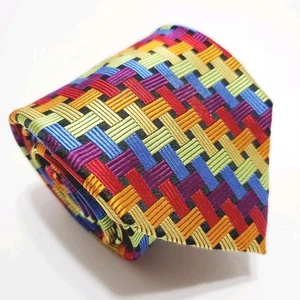 Paul Fredrick Men's Silk Necktie Bright Multicolor Basketweave Pattern - Picture 1 of 5