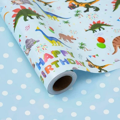 Dinosaur Reversible Wrapping Paper Roll - Boys & Girls Birthday Gift Wrapping... - Image 1 of 4
