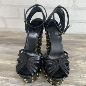 GUCCI Mules Sandals Heel Studs Leather Black EU34.5/US4.5 Authentic - Picture 1 of 24