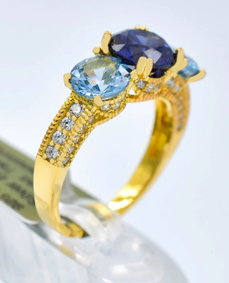 LAB CREATED 1.85 TANZANITE, BLUE TOPAZ & W/SAPPHIRE RING 14k GOLD PLATED (.925) Foto 1 de 4