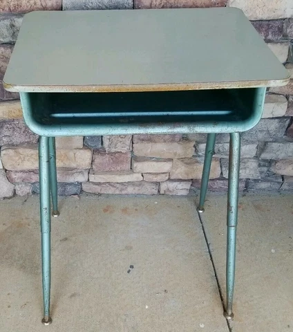 Vintage Turquoise Industrial Mid-Century Student School Desk w/ Adjustable Legs Cover