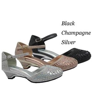 Girls Toddlers Dressy Shoes Rhinestone Low Heel Party Round Toe Black Silver Gol - Picture 1 of 17