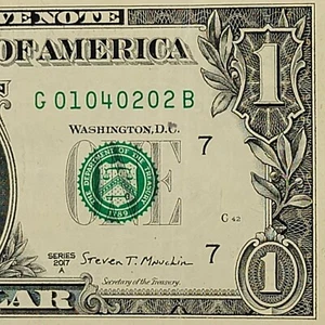 Alternating 0s Fancy Serial Number One Dollar Bill G01040202B DC 2017A Low Sum 9 - Picture 1 of 8