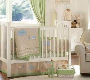 6J LN Pottery Barn Kids Nursery STORK Clouds 2 Window Valances & Crib Skirt Set - Picture 1 of 13