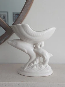 Vintage Dolphin Pedestal Ceramic Soap Dish Mother & Baby Trinket Coin Jewellery - Picture 1 of 7
