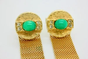 Vintage Faux Jade jadeite Mesh Cufflinks with Rhinestone Goldtone ROUND - Picture 1 of 5