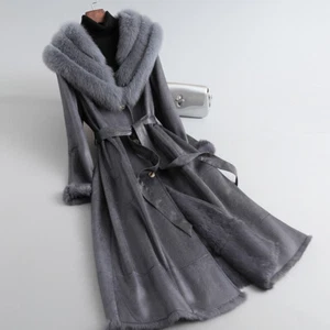 Fox Fur Collar Fur Coat Womens Long Winter Genuine Leather Rabbit Fur Lined Coat - Picture 1 of 25