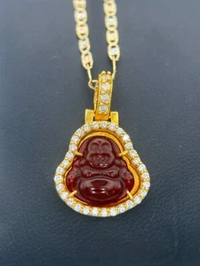 14k Gold Black/Red Stone Buddha Pendant with  0.4ctw natural Diamonds - Picture 1 of 2