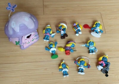 Lote de 10 estatuillas y cabaña de PVC pitufo Schleich vintage 4.0014 RARO Foto 1 de 4