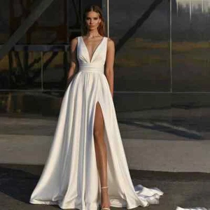 Simple A-Line Wedding Dresses V-Neck Sleeveless Side Slit  Satin Bridal Gowns - Picture 1 of 8