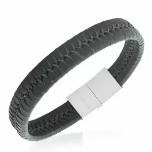 Stainless Steel Black Braided Leather Silver-Tone Mens Wristband Bracelet - Picture 1 of 3