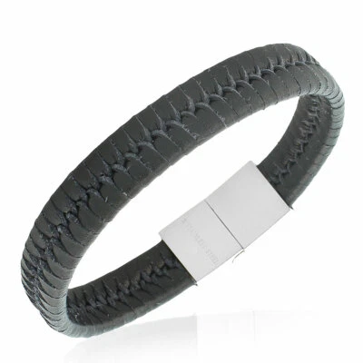 Pulsera de acero inoxidable de cuero trenzado negro tono plateado para hombre Foto 1 de 3